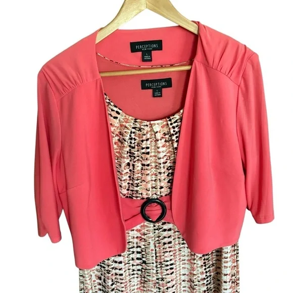Perceptions Women’s Size L 2-Piece Dress Jacket Set Coral Print Career Church - Picture 4 of 12